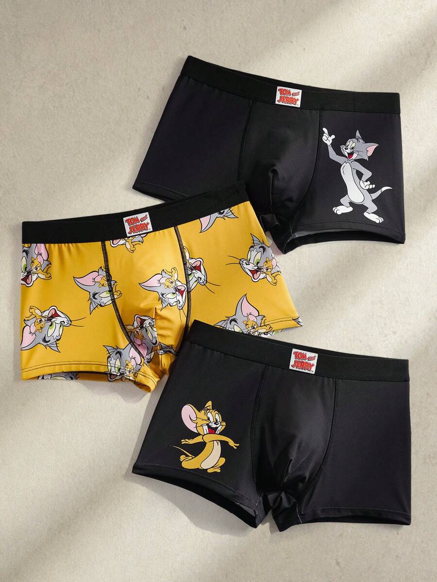 TOM & JERRY X SHEIN Men's Cartoon Print Low-Rise Boxer Briefs - Black - View 1