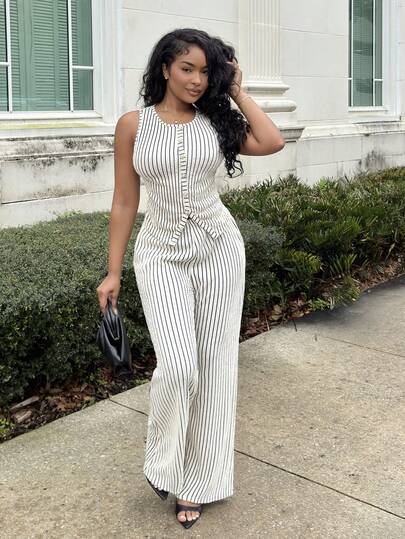 Alexandranx Elenzga 女士时尚纯色纹理两件套，包括无袖圆领纽扣修身背心和高腰宽松直筒裤，优雅通勤风格