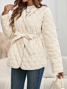 EMERY ROSE Women's Winter Plain Collarless Long Sleeve Short Casual Feather Down Coat - Apricot - View 2
