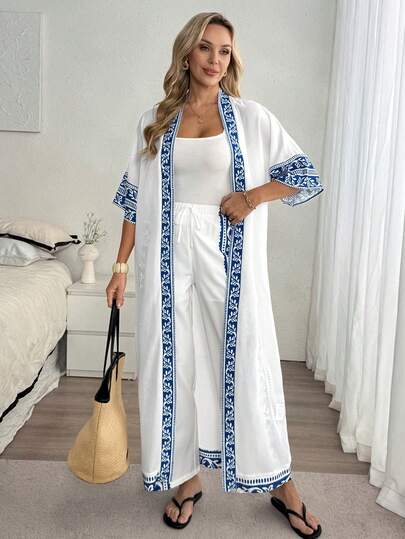 Louniche 2026 Women's Summer New Casual Vacation 2-Piece Set, Pattern Trim Decor Kimono Cover Up And Long Pants, Romantic Beach Holiday Outfit