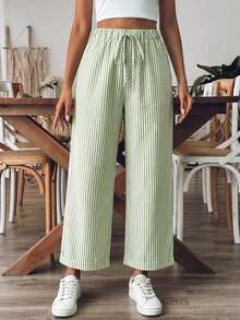 Breezaya Women's Tie Waist Striped Wide Leg Loose Pants - Green - View 4