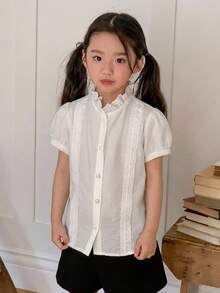DAZY Young Girl Plain Short Petal Sleeve Single-Breasted Casual Shirt - White - View 3