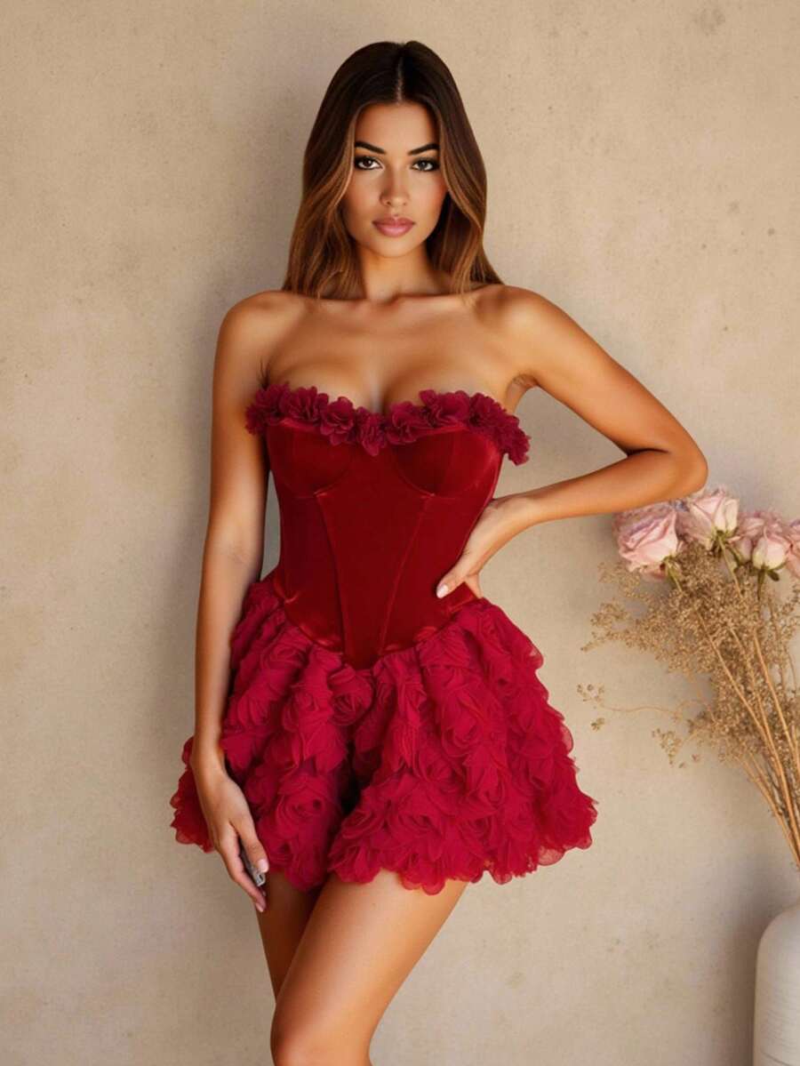 Glamine Charm Đầm ngắn màu đỏ trễ vai không tay, xếp ly, họa tiết hoa bong bóng, kiểu dáng thanh lịch, thích hợp cho dạ hội, tiệc tùng, đường phố, hòa nhạc, câu lạc bộ, hẹn hò, sinh nhật nữ, dự tiệc, lễ hội, tiệc Valentine, tiệc cưới, thời trang hoa, đầm bong bóng. - Đỏ - Xem 1