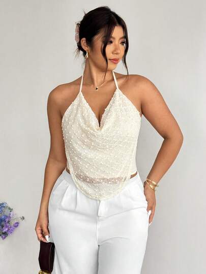 Firerie Áo hai dây và áo tank top cỡ lớn thoải mái, giản dị, thanh lịch, đa năng, thích hợp cho kỳ nghỉ, buổi hòa nhạc, lễ hội âm nhạc, xếp ly, cổ rủ, đính ngọc trai, lưới, hở lưng, dự tiệc cho nữ, mùa xuân/hè.