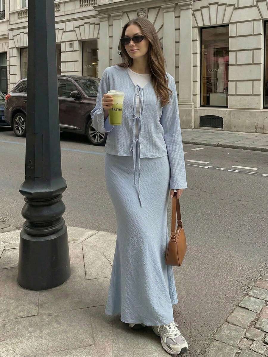 Mulvari 2件套优雅蝴蝶结前开襟通勤套装，女士 - 藍色 - 查看 1