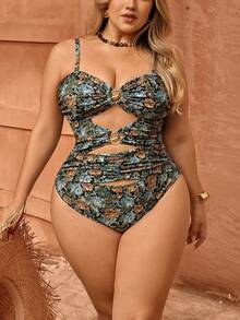 Swim Chiccia Plus Size Women Casual Vintage Random Print Hollow Design Adjustable Strap One-Piece Swimsuit - Multicolor - View 5