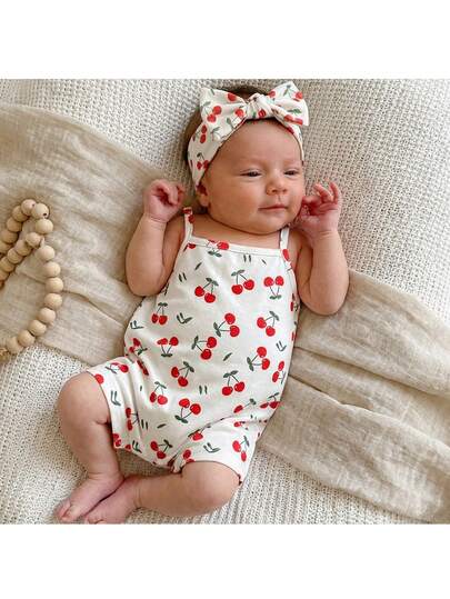 Loomiva Newborn Baby Girl White Cherry Fruit Pattern Soft Comfortable Romper Jumpsuit
