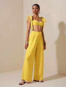 Zivah Beach New Spring And Summer Casual Holiday Bowknot Shoulder Straps Chest-Wrapped Heart Collar Cropped Top + Wide-Leg Super Trousers Apricot Women's Two Pieces Se,Textured Fabric Material - Yellow - View 5