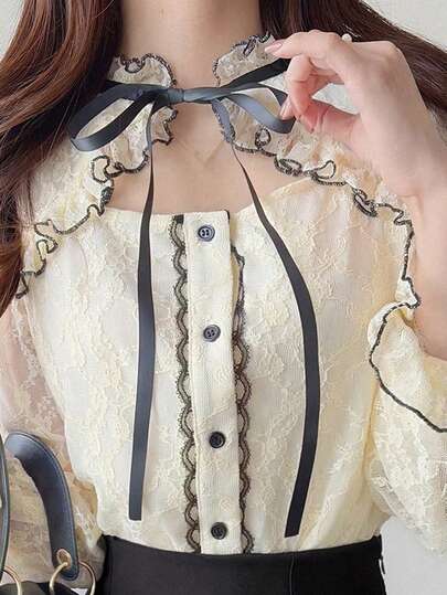 FRIFUL 女士撞色透视蕾丝长袖叠层衬衫，腰部系带，休闲百搭，适合春夏穿着
