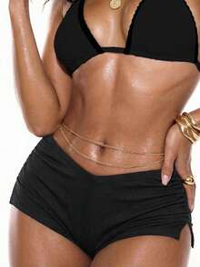 Swim Basics Quần short booty vải kẻ sọc xẻ tà xếp nếp mùa hè cho nữ, màu đen, đi biển, đi nghỉ, đơn giản - màu đen - Xem 9