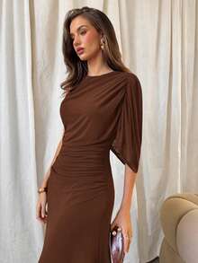 Aloruh 女士优雅圆领单肩不对称腰身网纱可可棕色连衣裙 - 咖啡 - 查看 5