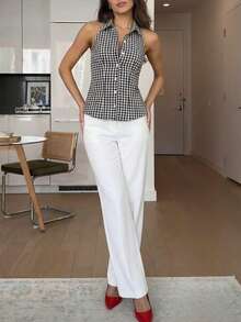 Briarwyn Summer Women's Cotton Sexy Plaid Front Button Back Tie-Up Backless Halter Top, Summer Top, Going Out Tops,Vacation Outfits Women Checkered Top Summer Clothes Gingham Top Tube Top Bow Top - Black and White - View 6