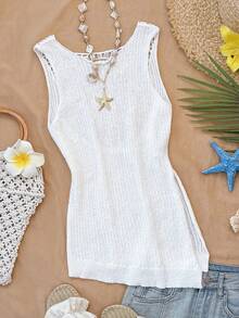 Travachic 2026 Spring/Summer New Arrival, Women's Vacation Casual Sleeveless Hollow-Out Asymmetric Knit Vest Top - White - View 1