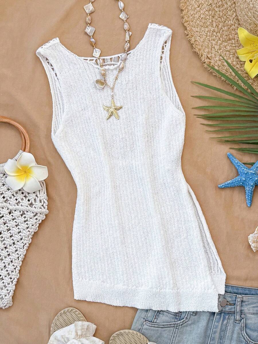 Travachic 2026 Spring/Summer New Arrival, Women's Vacation Casual Sleeveless Hollow-Out Asymmetric Knit Vest Top - White - View 1
