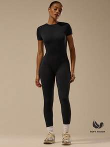 MUSERA ESSENTIALS Buttery Soft Cap Sleeve Fitted Jumpsuit Catsuit Basic Cute Casual Spring Summer Vacation Festival Concert Fall Autumn Winter Everyday  Elegant - Black - View 1