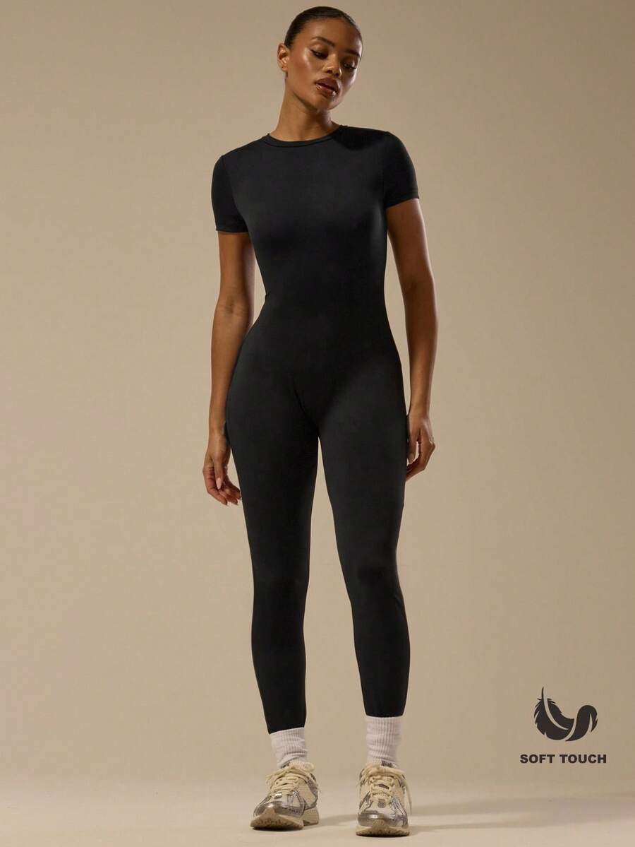 MUSERA ESSENTIALS Buttery Soft Cap Sleeve Fitted Jumpsuit Catsuit Basic Cute Casual Spring Summer Vacation Festival Concert Fall Autumn Winter Everyday  Elegant - Black - View 1