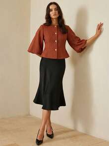 Aveloria Rosie Elegant French Retro Romantic Luxury High-End Design Herringbone Round Neck 3/4 Petal Sleeve Cinched Waist Slim Metal Button Women's Blazer - Orange - View 6