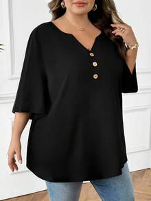 SHEIN CURVE+ Plus Size Casual Black Decorative Button Notched Neck 3/4 Sleeve Loose Blouse, Black Notched Neck Blouse, Fashionable Women Blouse, Going Out Tops - Black - View 4