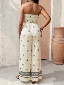 SHEIN 2pcs Maternity Floral Print Tube Top And Adjustable Waist Pants Set, Vacation - Khaki - View 2