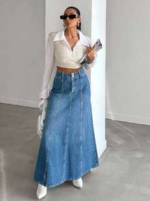 EURMUSE Women's Solid Color Casual Denim Skirt - Light Wash - View 5