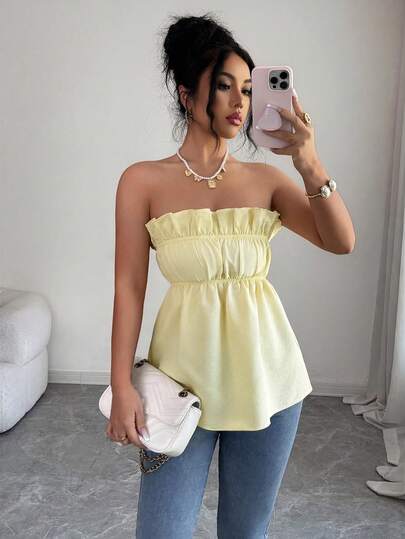 SHEIN Elenzya Women's 2026 Summer Linen Cream Yellow Camisole: Linen Tie Bow Strap Vest - Casual Summer Top, Babydoll Style, Suitable For Summer Daily Wear, Outings, Summer Vacation, Summer Graduation Ceremony, July 4th Independence Day, Western Clothing, Beach Summer Wear.