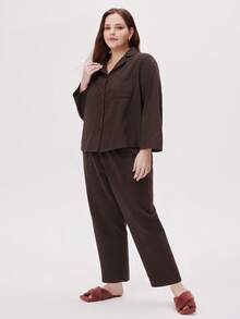 LUVLETTE Plus Size Soft Brushed Cotton Basic PJ Set Women's Lounge Set Cotton Pajamas - Coffee Brown - View 4
