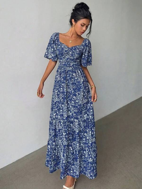 Selianne שמלת קיץ עם שרוולים קצרים, צווארון מתוק, פרחונית וצווארון מתוק, לחופשת חוף קיץ, מוזיקה ופסטיבל