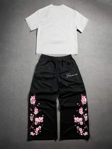 Manfinity EMRG 男士休闲樱花印花圆领短袖T恤短裤套装，夏季 - 彩色 - 查看 3