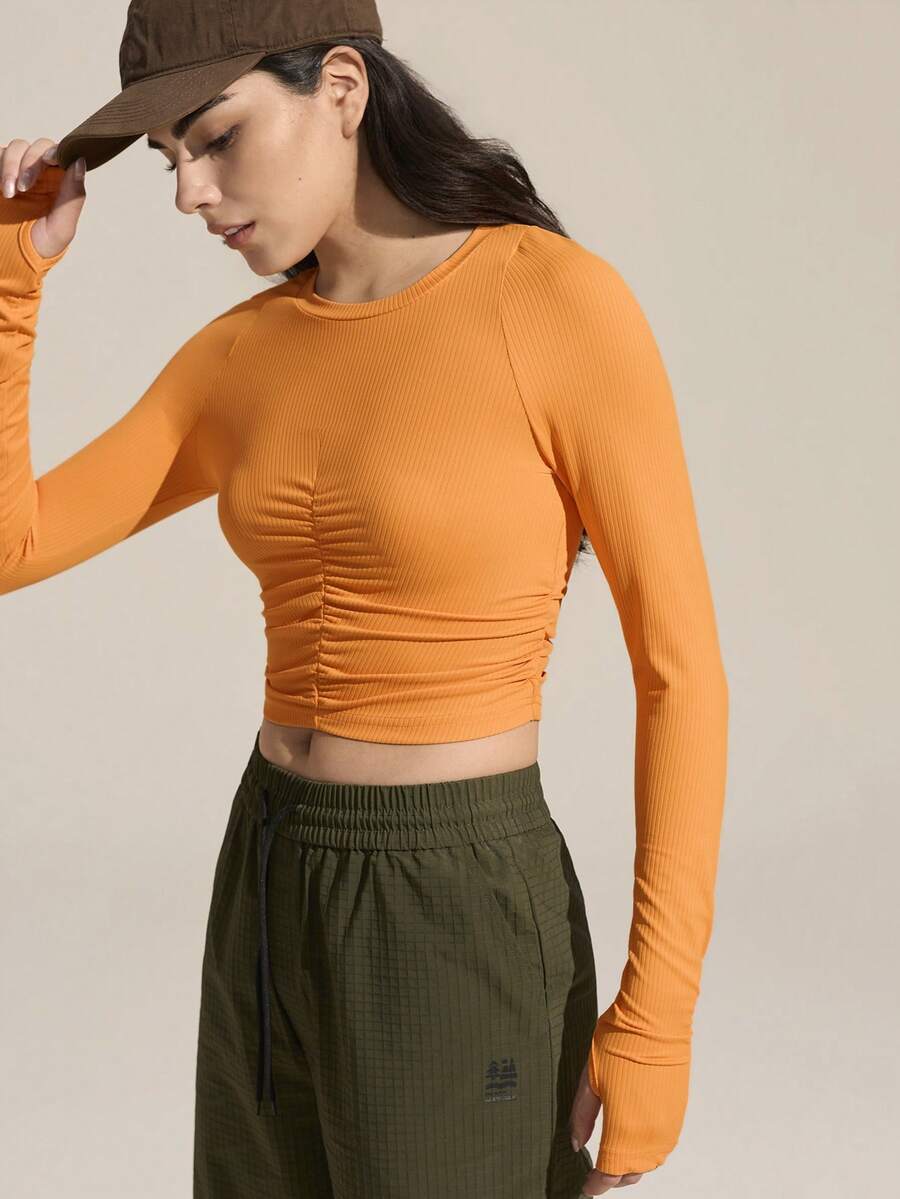Exploreva Exploreva Women's Solid Color Round Neck Long Sleeve Pleated Slim Fit Outdoor T-Shirt,Orange Summer Athletic Sports Workout Activewear Tight Fitted Crop Top - Orange - View 1