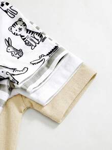 4pcs/Set Cute Knitted Cartoon Giraffe, Rabbit, Tiger, Crocodile Pattern Elastic Striped Short Sleeve Bodysuits, Basic Rompers Multi-Pack For Baby Boys And Girls,Kids - Multicolor - View 8