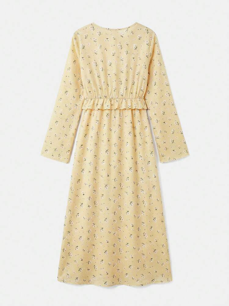 バターイエローのフローラルプリントVネック リボン付きミディアムドレス、フリル付き、長袖、フローラルプリントドレス、レディースホリデードレス、レディース長袖ドレス、イエローミディアムドレス、レディース春ドレス