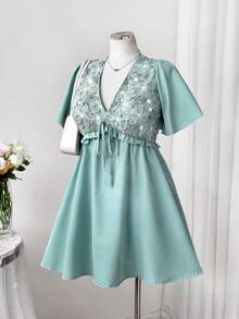 Flirla Elegant Versatile Fashion Embroidered Beaded Floral Patchwork Cinched Waist Dress - Green - View 5
