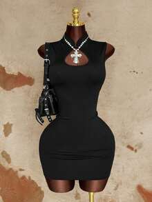 Sunspun Black Fashionable Hollow-Out Sexy Backless Dress, Summer New Tight-Fitting Slim Bodycon Mini Skirt - Black - View 1