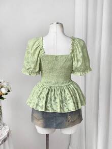 Flirla Blusa de mujer talla grande con mangas abullonadas de jacquard, bajo con volantes, estilo romántico de vacaciones y campo, primavera/verano - Verde - Ver 2
