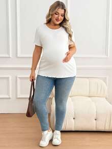 Plussiva 夏季大码休闲日常基础款白色罗纹高弹棉修身T恤，适合孕妇穿着。大码孕妇纯色圆领短袖休闲上衣，孕妇衬衫，女士大码棉质上衣，白色上衣，大码T恤，女士大码孕妇衬衫，孕妇上衣，女士大码短袖上衣，棉质大码女装，棉质孕妇上衣，大码孕妇上衣，孕妇棉质上衣，大码棉质上衣，孕妇服装，孕妇上衣，孕妇衬衫，女士棉质上衣，孕妇棉质运动上衣，女士瑜伽上衣，工作衬衫，免烫衬衫，女士T恤，女士夏季上衣，大码女士上衣，女士棉质上衣，女士曲线棉质上衣，女士大码上衣，女士大码上衣，女士遮肚休闲上衣 - 白色 - 查看 5