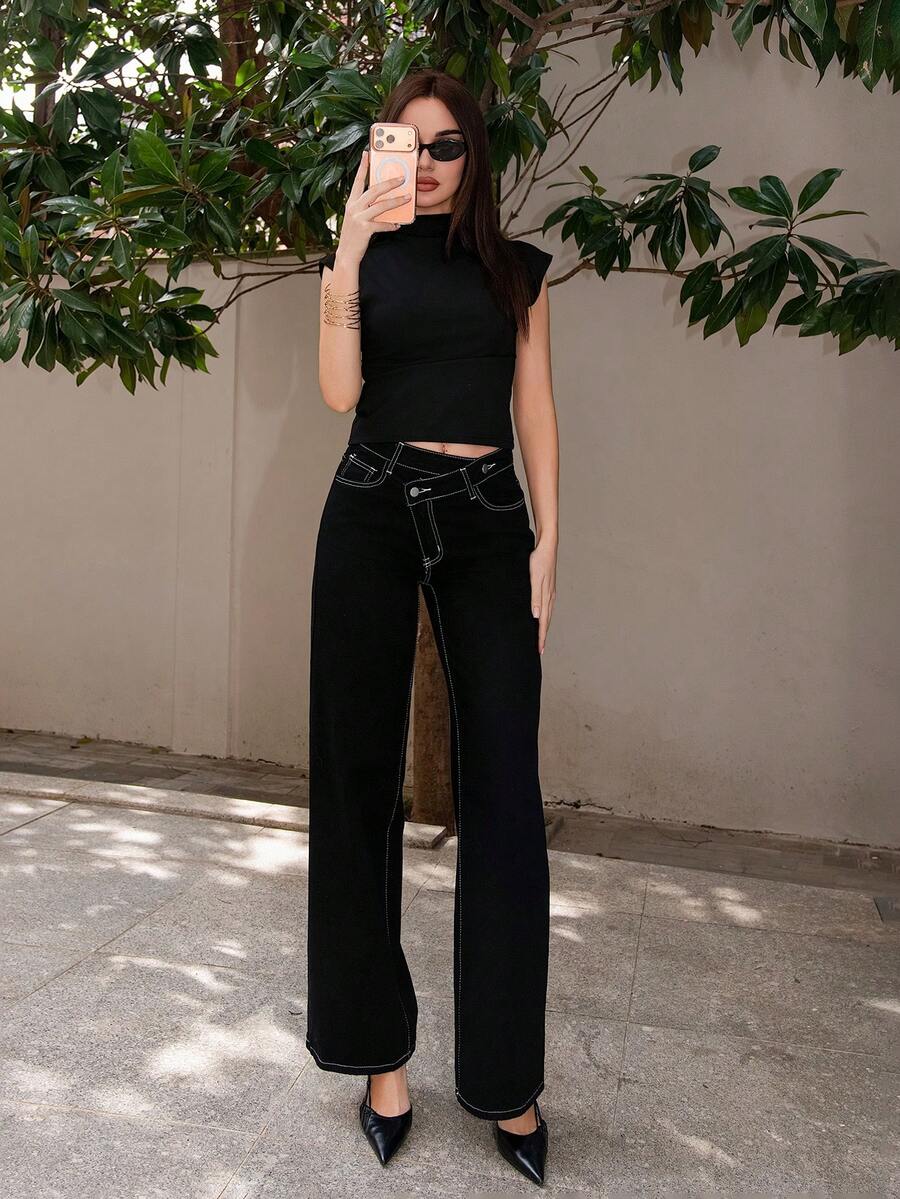 Bris Aura 女士时尚休闲不对称腰带宽松牛仔裤 - 黑色 - 查看 1