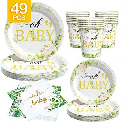 Bộ bát đĩa, khăn ăn và cốc dùng một lần Green Leaves Oh BABY, phục vụ 8 người. Bộ đồ dùng tiệc dùng một lần này (bao gồm bát đĩa, khăn ăn và cốc) rất phù hợp cho các bữa tiệc sinh nhật, đám cưới và dã ngoại gia đình.