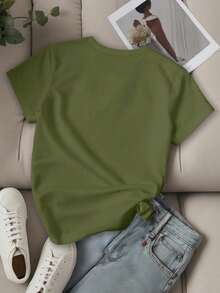 EMERY ROSE 女士标语 MILANO ITALY 字母印花T恤 短袖休闲上衣 MILANO ITALY 图案T恤 女士上衣 - 軍綠色 - 查看 2