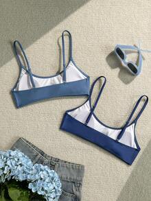 Swim Basics 2 pièces Top de bikini à bretelles fines de couleur unie pour femmes, printemps/été - Multicolore - Voir 2