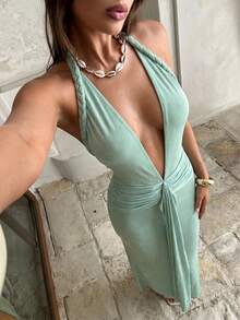 Aloruh 鼠尾草绿性感露背派对礼服，深V领纯色约会连衣裙，适合复活节、圣帕特里克节、狂欢节、约会之夜、音乐会服装、乡村音乐会服装、绿色连衣裙、正式礼服、休闲长裙、海滩度假服装、优雅长裙、生日礼服、舞会礼服、毕业礼服、伴娘礼服、婚礼及活动、婚礼派对礼服、节日礼服、深V领性感长裙、低胸连衣裙、薄荷绿连衣裙 - 綠色 - 查看 5