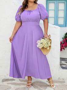 SHEIN CURVE+ Curve 加大码 US22 音乐节、海滨度假、波西米亚风 CURVE PLUS // 女士紫色短袖休闲抽绳腰身优雅连衣裙，适合婚礼宾客、春夏穿着。这款紫色连衣裙优雅迷人，适合日常、外出、约会、下午茶、度假等各种场合。浪漫甜美连衣裙 - 紫色 - 查看 8