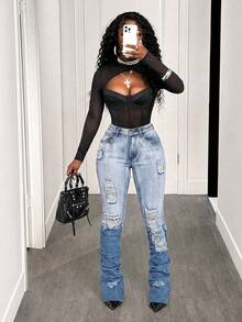 BamGleam 女士破洞渐变铆钉紧身牛仔裤，带斜插口袋 - 淺色水洗藍 - 查看 5