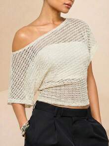 Amorya Áo thun lệch vai nhún bèo, thiết kế nhún eo, dáng rộng thoải mái, áo croptop ngắn cơ bản thời trang tối giản hiện đại, áo croptop móc len cho nữ, áo khoét lỗ, áo dệt kim cho nữ, áo lưới trắng, áo đục lỗ, áo lệch vai, áo dệt kim, áo một tay, áo choàng, áo len lệch vai, áo khoác ngoài dệt kim, áo len lệch vai, áo len mùa hè cho nữ, trang phục đồng quê cho nữ, trang phục công sở cho nữ, trang phục mùa hè cho nữ, áo len nữ. - Màu be - Xem 4
