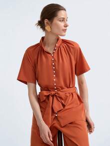 Aalyst 2 pezzi Set top a maniche corte con colletto arricciato e vita con laccio + pantaloni lunghi, adatto per appuntamenti, tè pomeridiano, laurea, pendolarismo - Arancione - Visualizzare 8