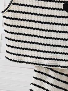 SHEIN Tween Girl Heart Graphic Striped Tank Top And Shorts Casual Set - Black and White - View 7