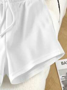 SHEIN Setelan Kaos dan Celana Pendek Longgar Lengan Pendek Warna Polos untuk Wanita - Putih - View 3