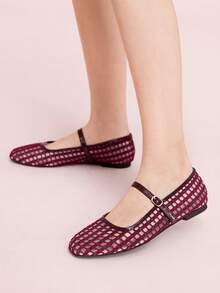 CUCCOO DOLLMOD 女士酒红色网眼布方头搭扣设计日常百搭时尚平底鞋法式低帮透气优雅玛丽珍鞋 - 酒紅色 - 查看 3