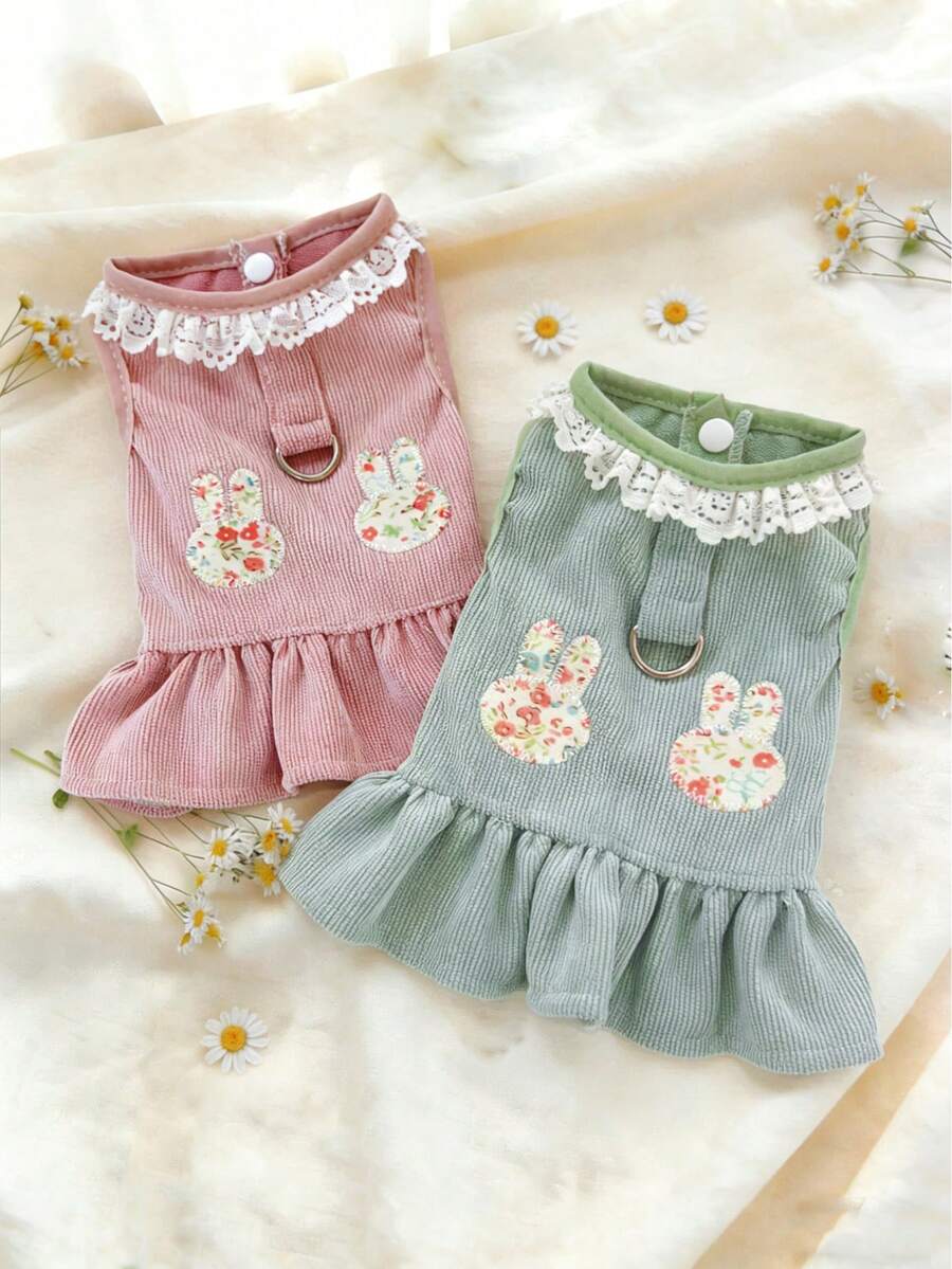 PETSIN 1pc Pet Dress, Embroidered Cute Rabbit Vest Dress, Cat/Dog Universal Clothing, Spring Clothing With Pull Tab - Multicolor - View 1