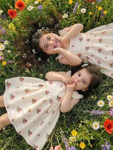 女婴可爱碎花荷叶边休闲连衣裙，杏色 - 卡其色 - 查看 4