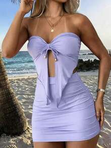 INAWLY 女士夏季新款无肩带不对称下摆上衣和褶皱下摆半裙性感两件套 - 淡紫色 - 查看 3